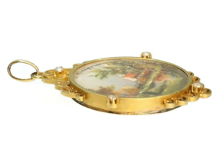 Gold pendant with painted miniature on either side (image 3 of 6)